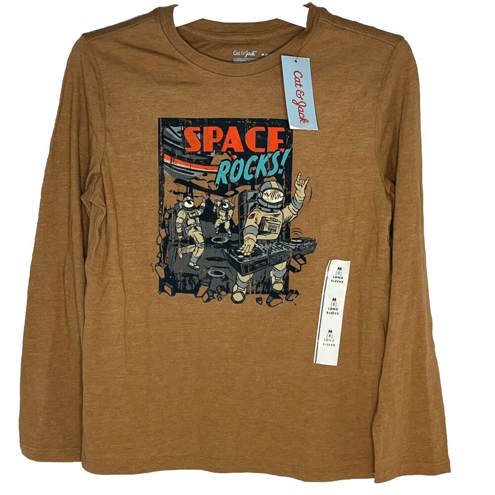 Cat & Jack Boys Lt Brown Long Sleeve Space Rocks! Graphic T-Shirt Size M (8) NEW